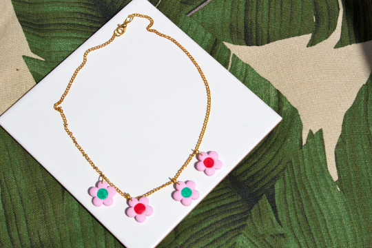 Pink, Red & Green Polymer Clay Flower Cottagecore Kitsch Womens Adult Necklace