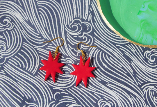 Red & Gold Geometric Polymer Clay Six Pointed Star Cottage Core Kitsch Womens Adult Earrings.