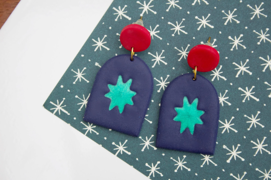 Navy, Red & Green Star Arch Mid-Century Modern Geometric Polymer Clay Kitsch Women's Adult Earrings.