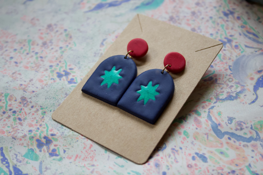 Navy, Red & Green Star Arch Mid-Century Modern Geometric Polymer Clay Kitsch Women's Adult Earrings.