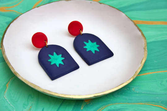 Navy, Red & Green Star Arch Mid-Century Modern Geometric Polymer Clay Kitsch Women's Adult Earrings.