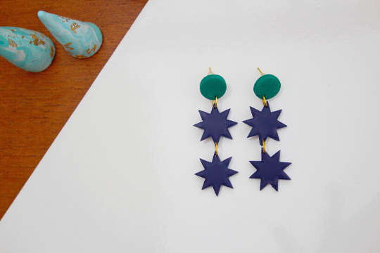 Navy & Emerald Geometric Polymer Clay Star Drop Kitsch Womens Adult Earrings.