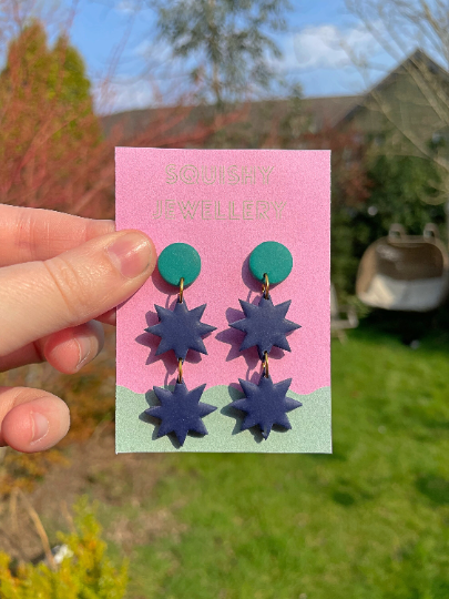 Navy & Emerald Geometric Polymer Clay Star Drop Kitsch Womens Adult Earrings.