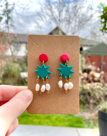 Emerald Green and Ruby Red Pearl Star Drop Bridgerton 'Boleyn' Womens Adult Earrings.