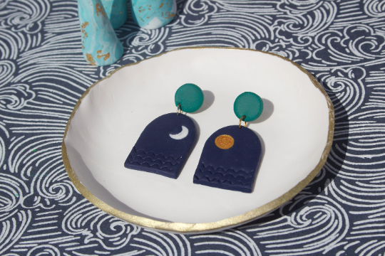 Blue, Green & Gold Sun, Moon and Wave Boho Polymer Clay Kitsch Earrings