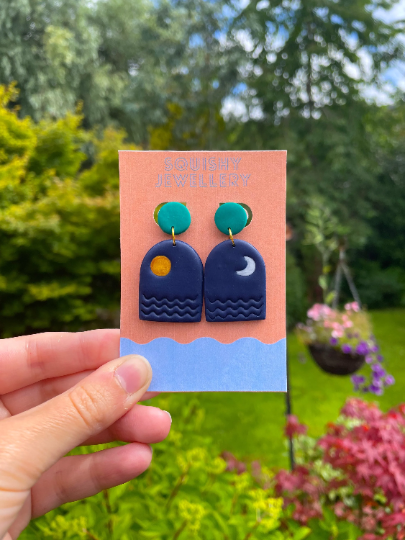 Blue, Green & Gold Sun, Moon and Wave Boho Polymer Clay Kitsch Earrings
