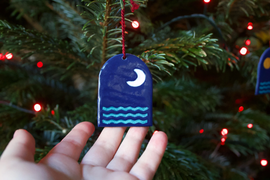 Sun & Moon Wave Christmas Ornament Vapourwave Boho Polymer Clay in Blue, Gold and Pearlescent White