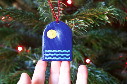 Sun & Moon Wave Christmas Ornament Vapourwave Boho Polymer Clay in Blue, Gold and Pearlescent White