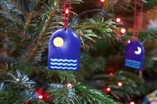 Sun & Moon Wave Christmas Ornament Vapourwave Boho Polymer Clay in Blue, Gold and Pearlescent White