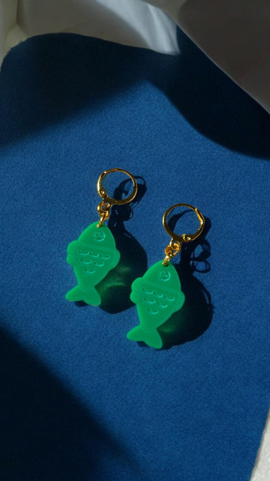 Green Fish Acrylic Earrings on Gold Huggie Hoops
