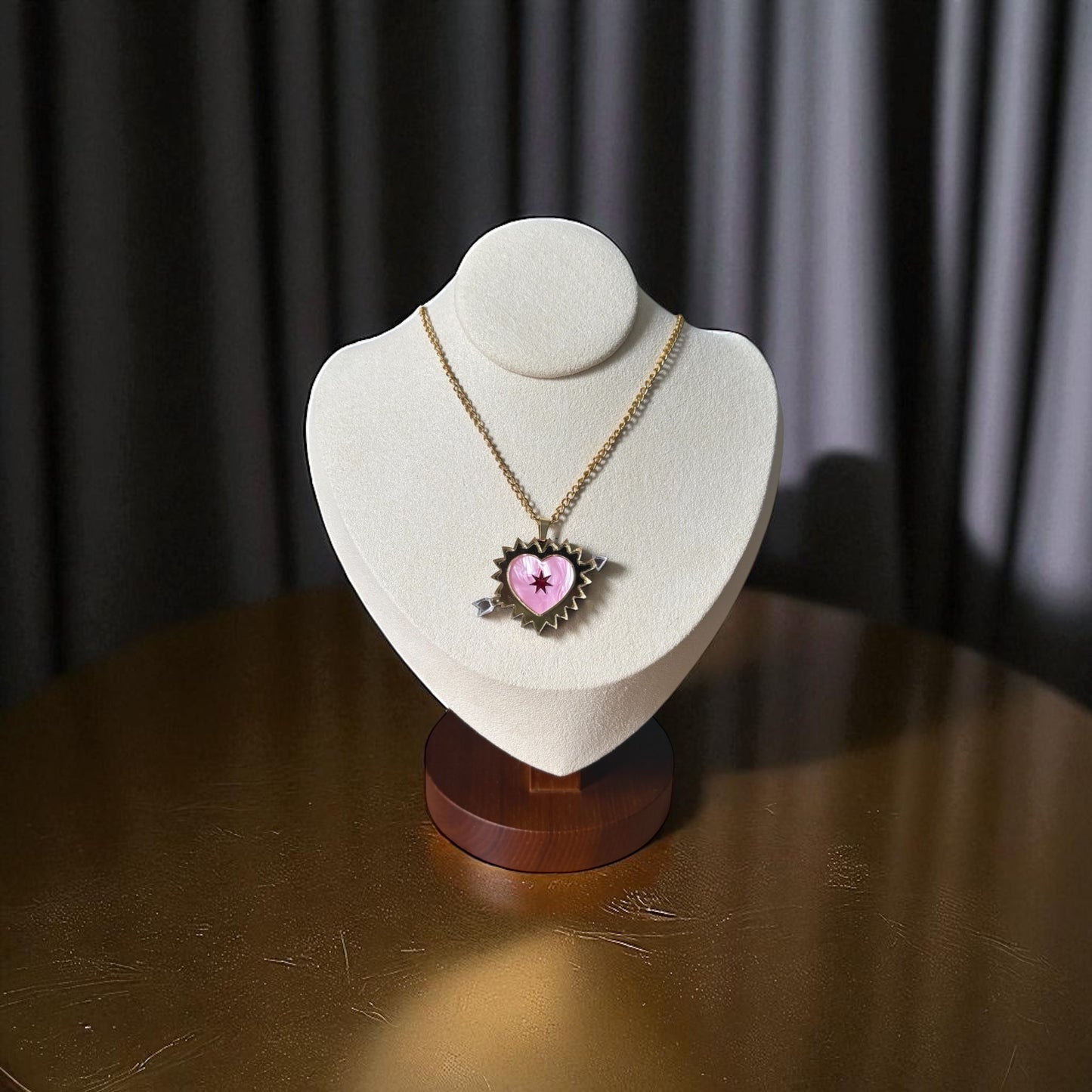 Pink Sacred Heart Necklace – Gold Chain with Arrow Detail