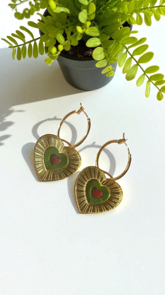 Green, Gold + Red Heart Hoop Earrings – Acrylic Statement Dopamine Maximalism Cottagecore Kawaii Celestial Alt Gift Jewellery w/ Red Centre