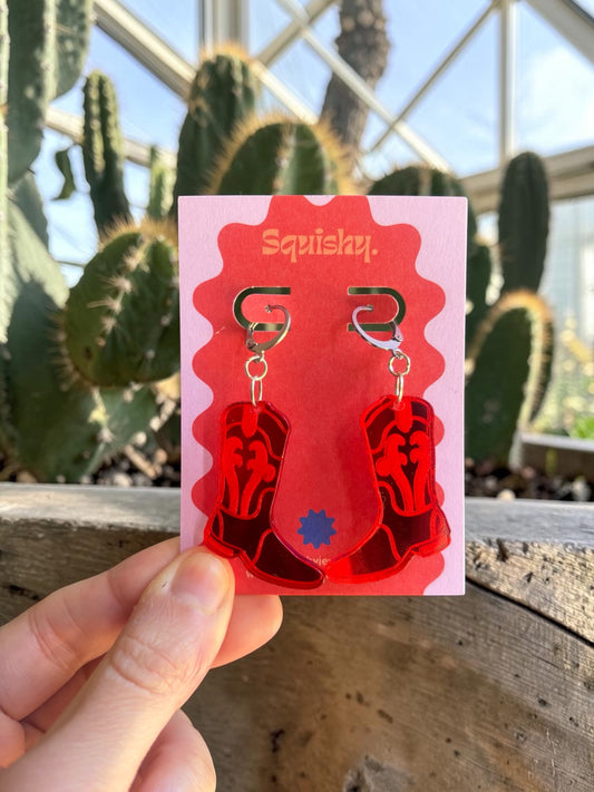 Red Cowboy Boot Earrings – Western Acrylic Statement Earrings for Cowgirl & Festival Outfits