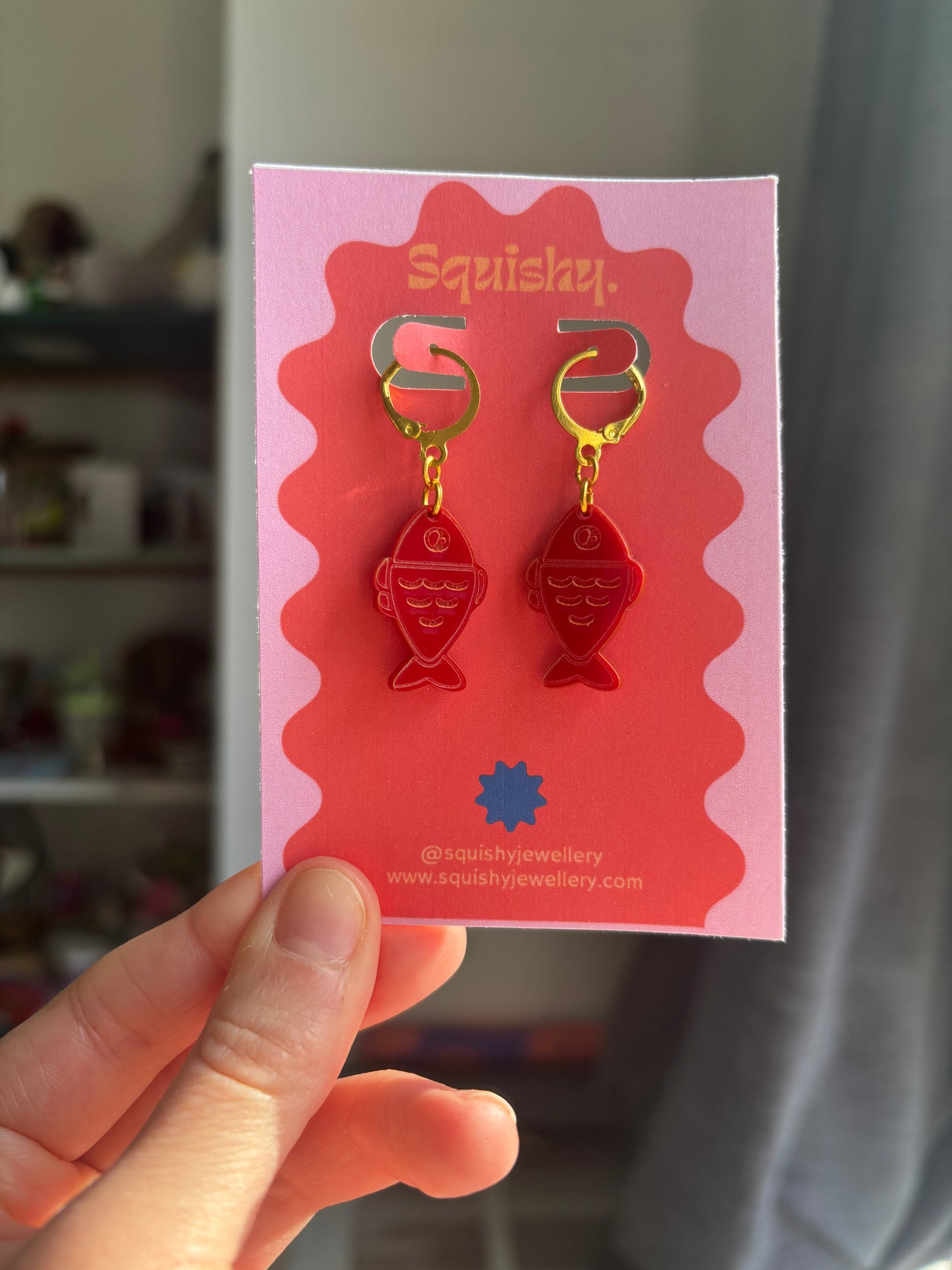 Red Fish Acrylic Earrings on Gold Huggie Hoops