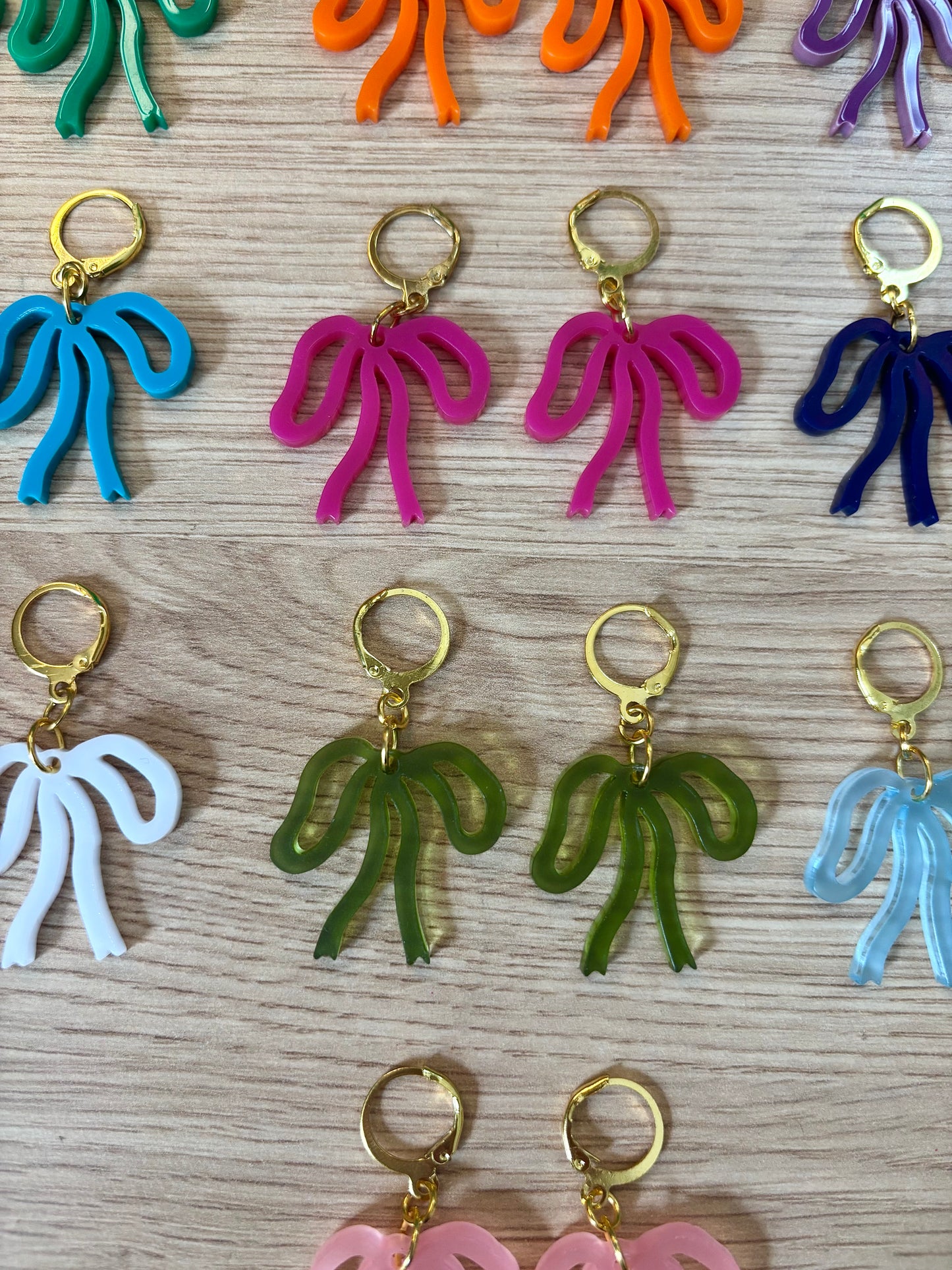 Colorful Bow Earrings — Acrylic Bow Huggie Hoops, Multiple Colours, Cute Statement Kawaii Bows, Handmade Colour-Blocked Earrings