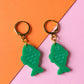 Green Fish Acrylic Earrings on Gold Huggie Hoops