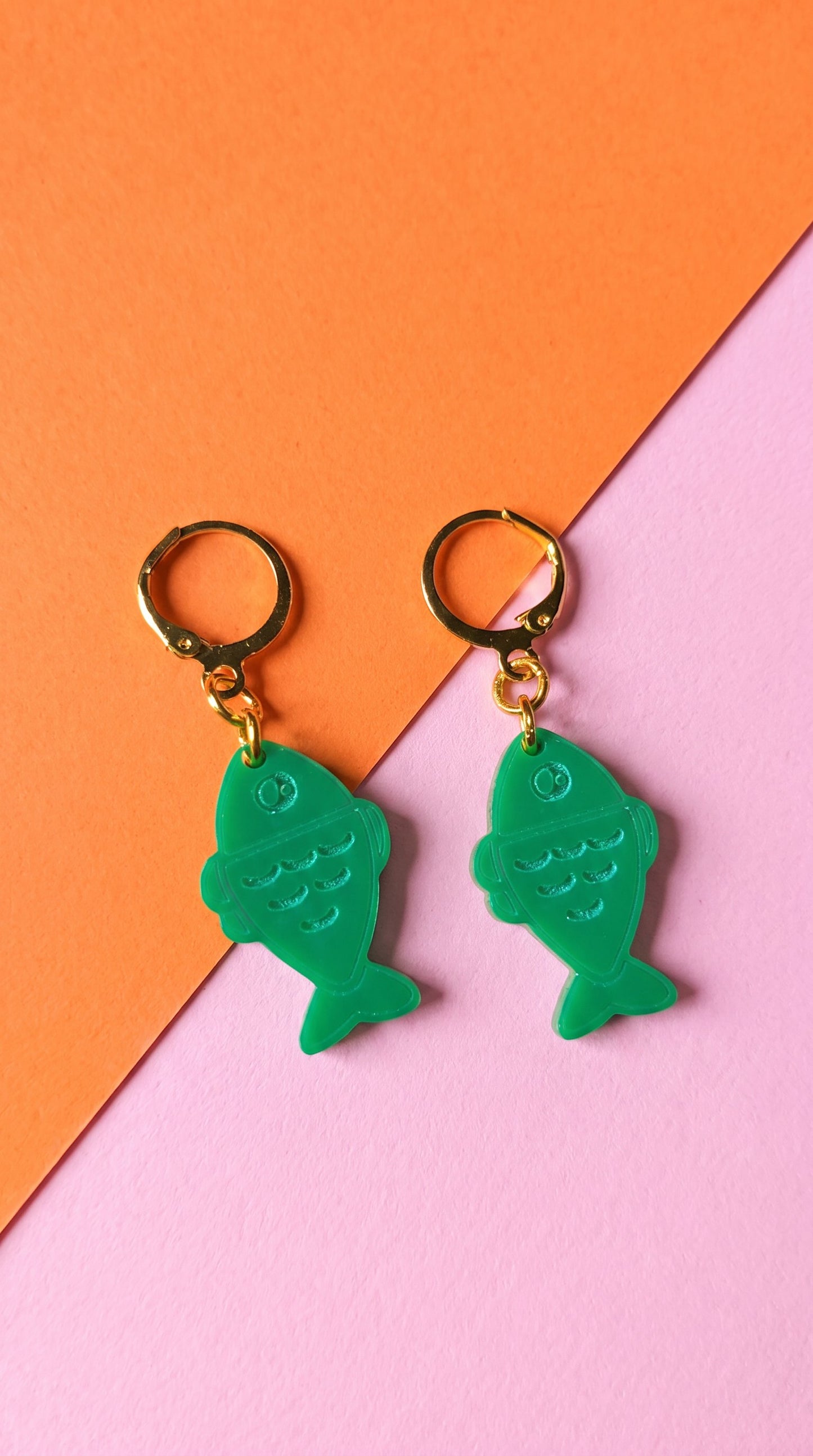 Green Fish Acrylic Earrings on Gold Huggie Hoops
