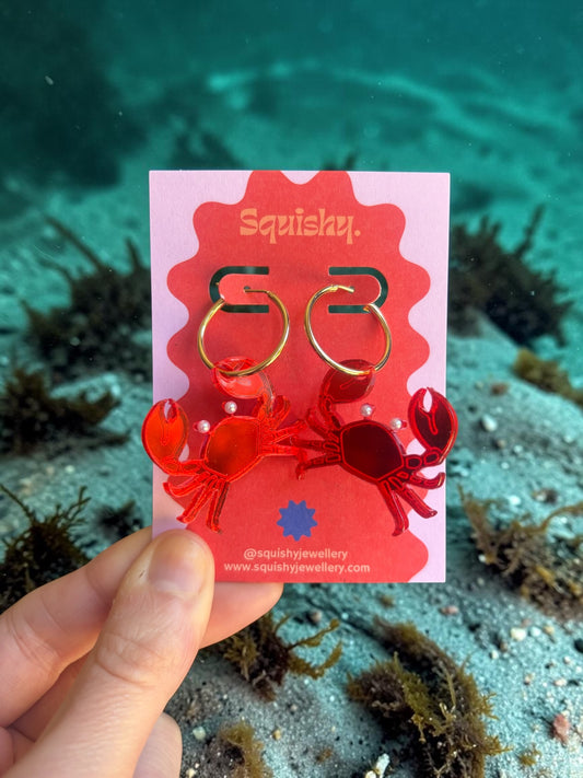 Crab Hoop Earrings – Red Acrylic Marine Life Jewellery, Summer Cottagecore Earrings