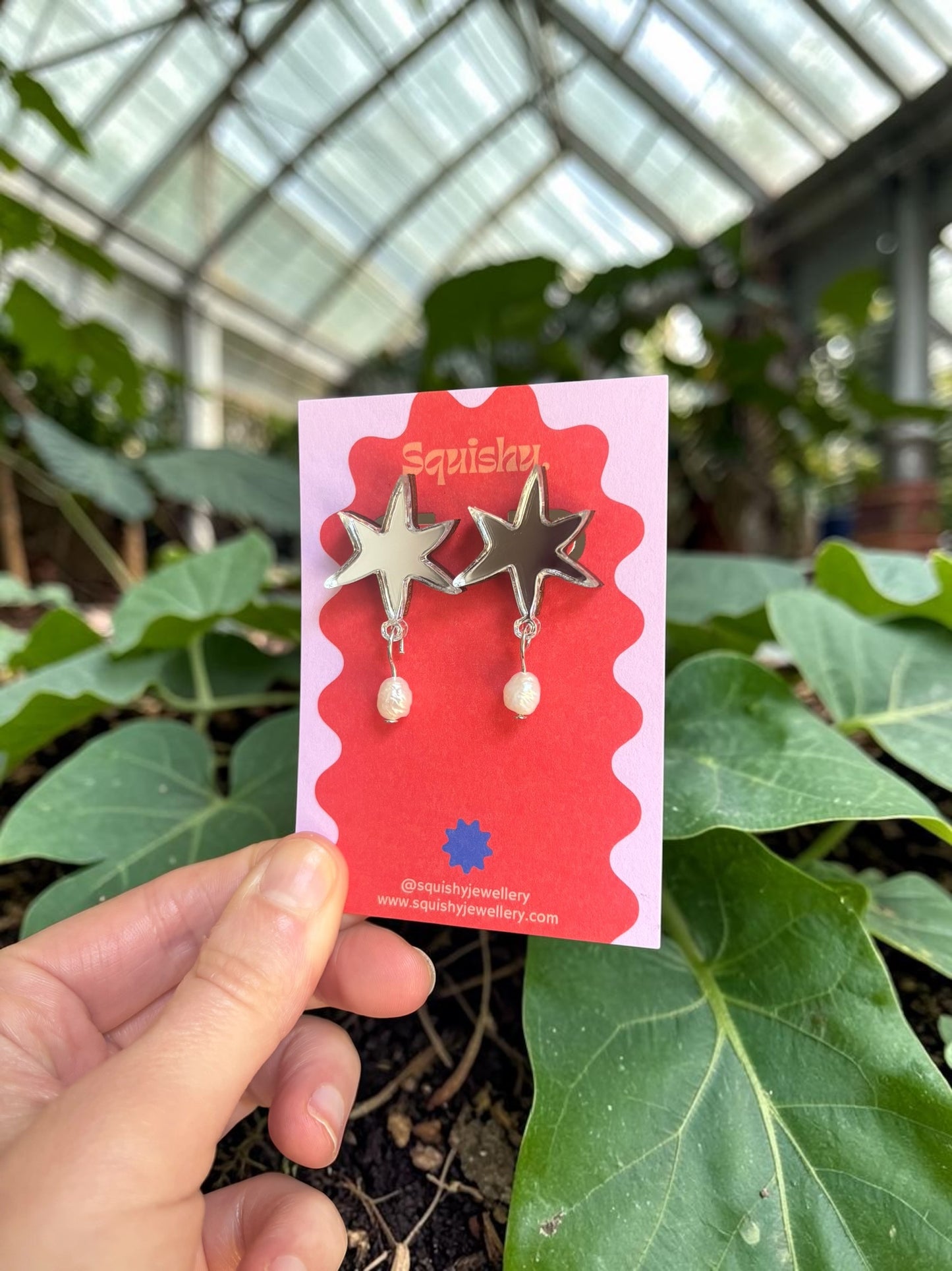 Silver Mirror Abstract Star Pearl Earrings – Modern Art Statement Jewellery
