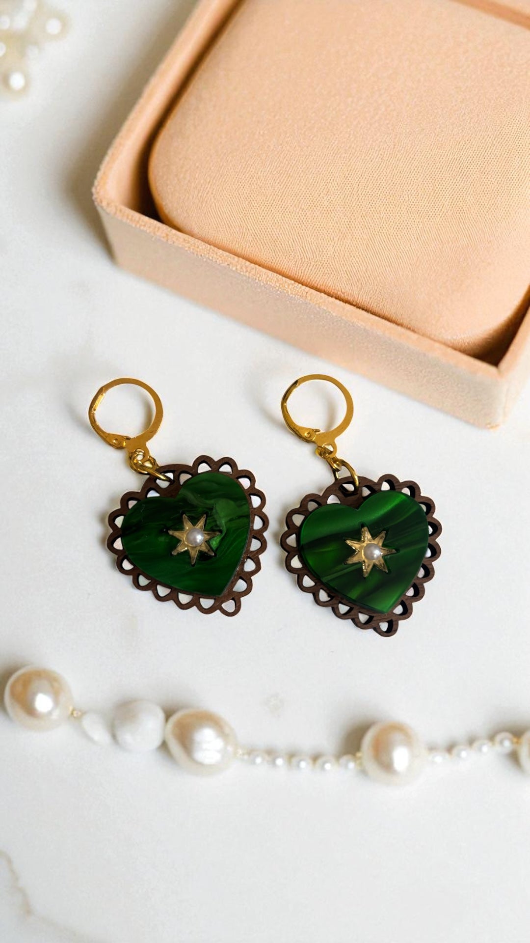 Rococo Green Heart Earrings with Walnut Backing & Gold Star Detail – Acrylic Hoop Jewellery