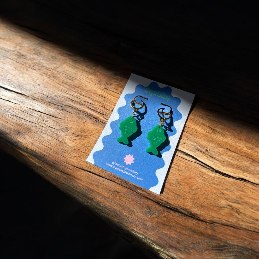 Green Fish Acrylic Earrings on Gold Huggie Hoops