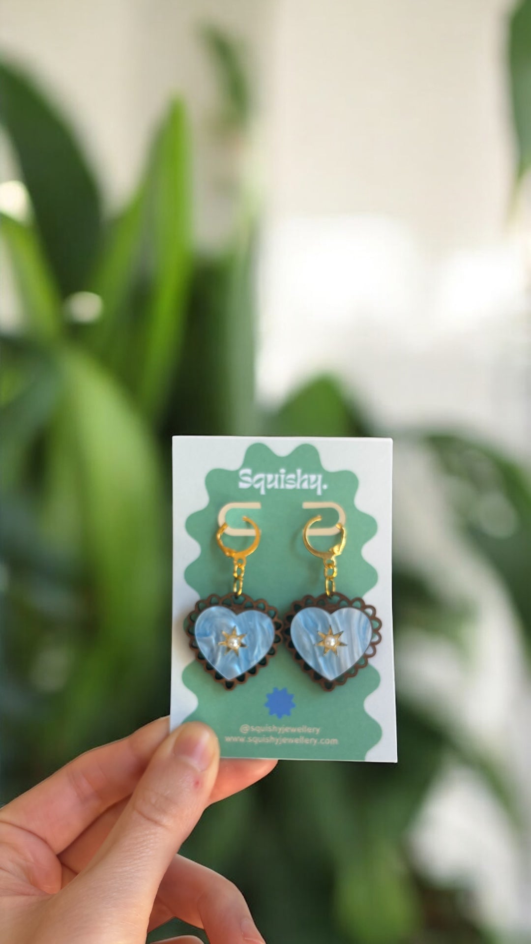 Rococo Blue Heart Earrings with Walnut Backing & Gold Star Detail – Acrylic Hoop Jewellery