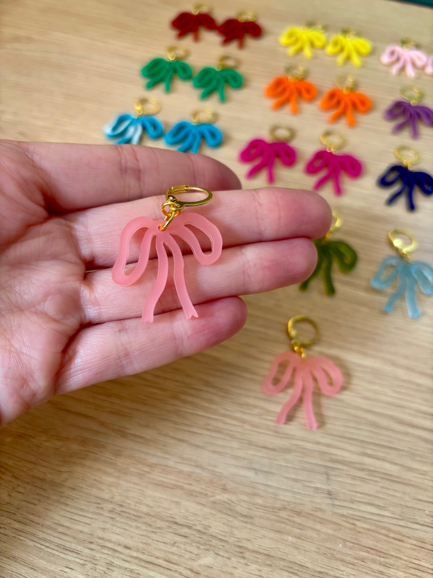 Colorful Bow Earrings — Acrylic Bow Huggie Hoops, Multiple Colours, Cute Statement Kawaii Bows, Handmade Colour-Blocked Earrings