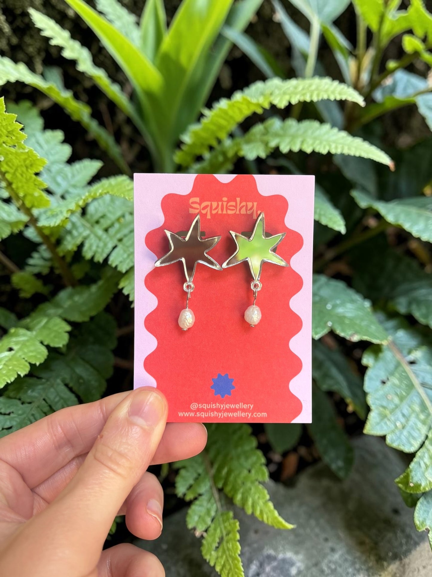 Silver Mirror Abstract Star Pearl Earrings – Modern Art Statement Jewellery