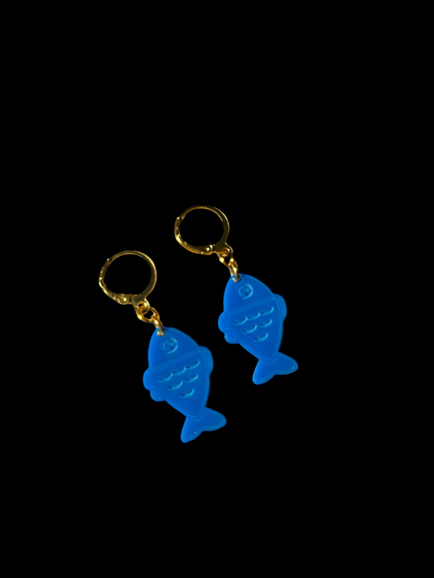 Blue Fish Acrylic Earrings on Gold Huggie Hoops
