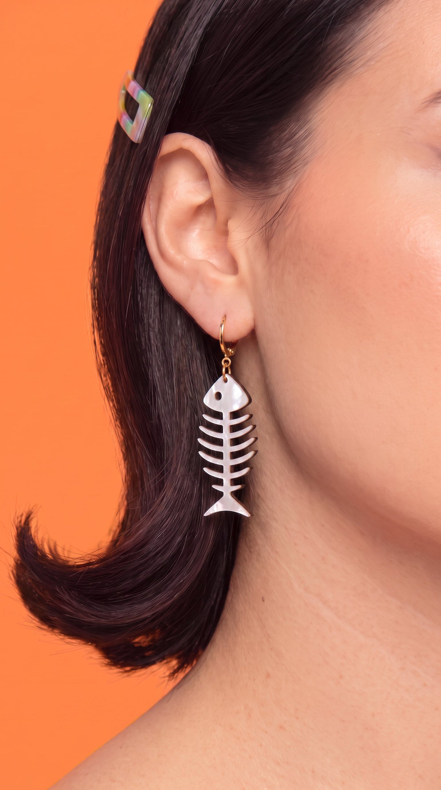 Fish Bone Earrings – Pearlescent Cat Lover Gift Alternative Statement Jewellery Spooky Cute Style, Y2K Aesthetic