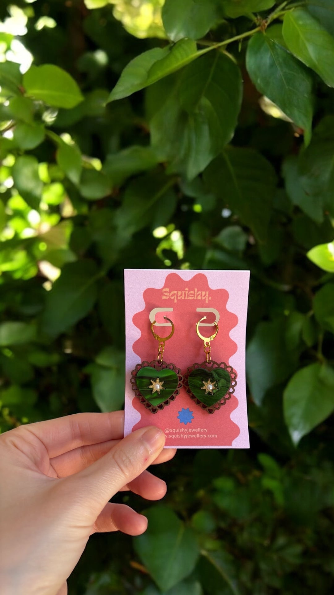 Rococo Green Heart Earrings with Walnut Backing & Gold Star Detail – Acrylic Hoop Jewellery