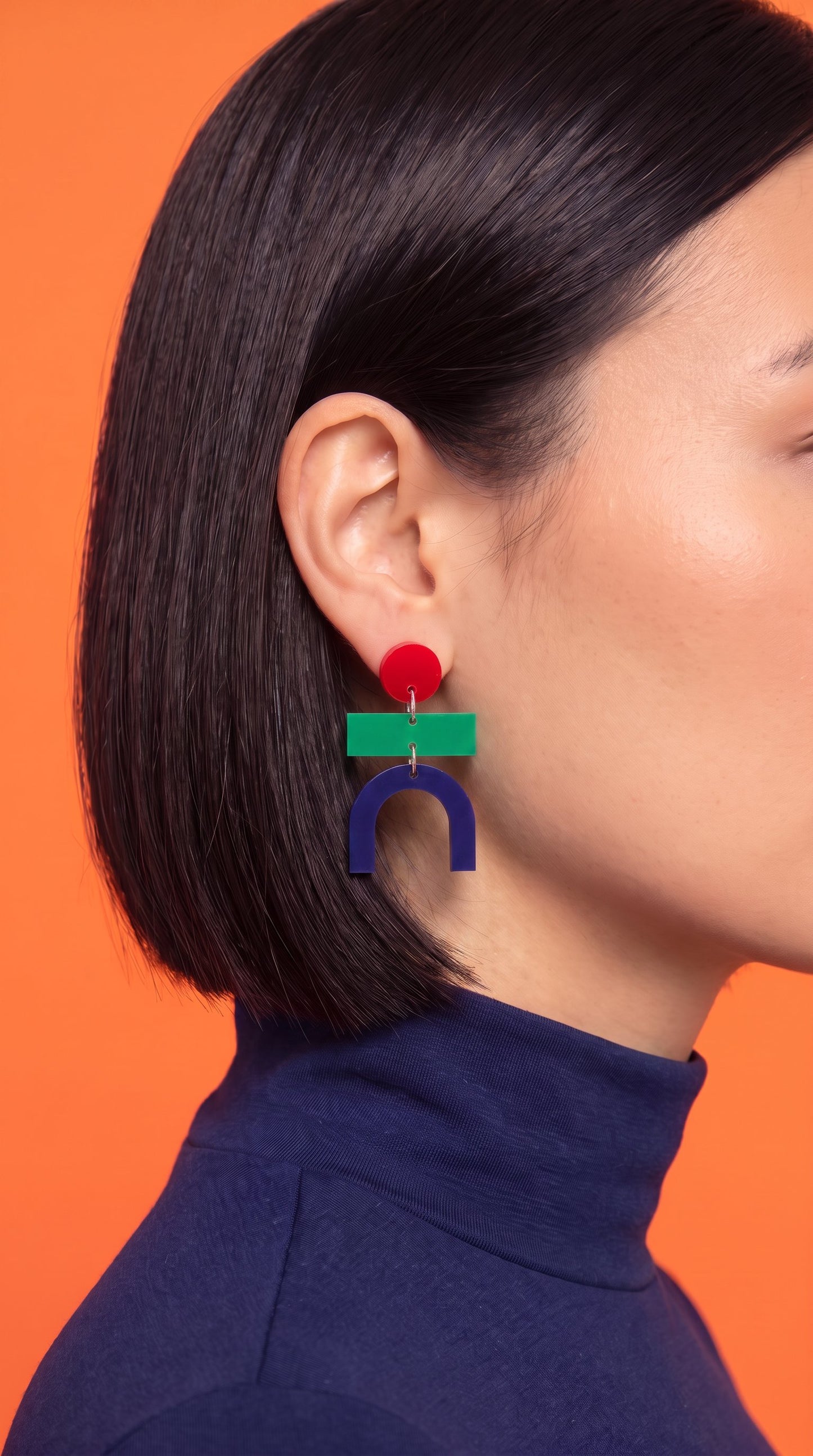 Bauhaus Statement Earrings | Red, Green & Navy Geometric Wearable Art