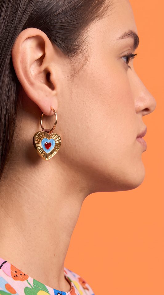 Blue, Gold and Red Heart Hoop Earrings – Acrylic Statement Maximalism Cottagecore Kawaii Celestial Alt Gift Jewellery Red Centre