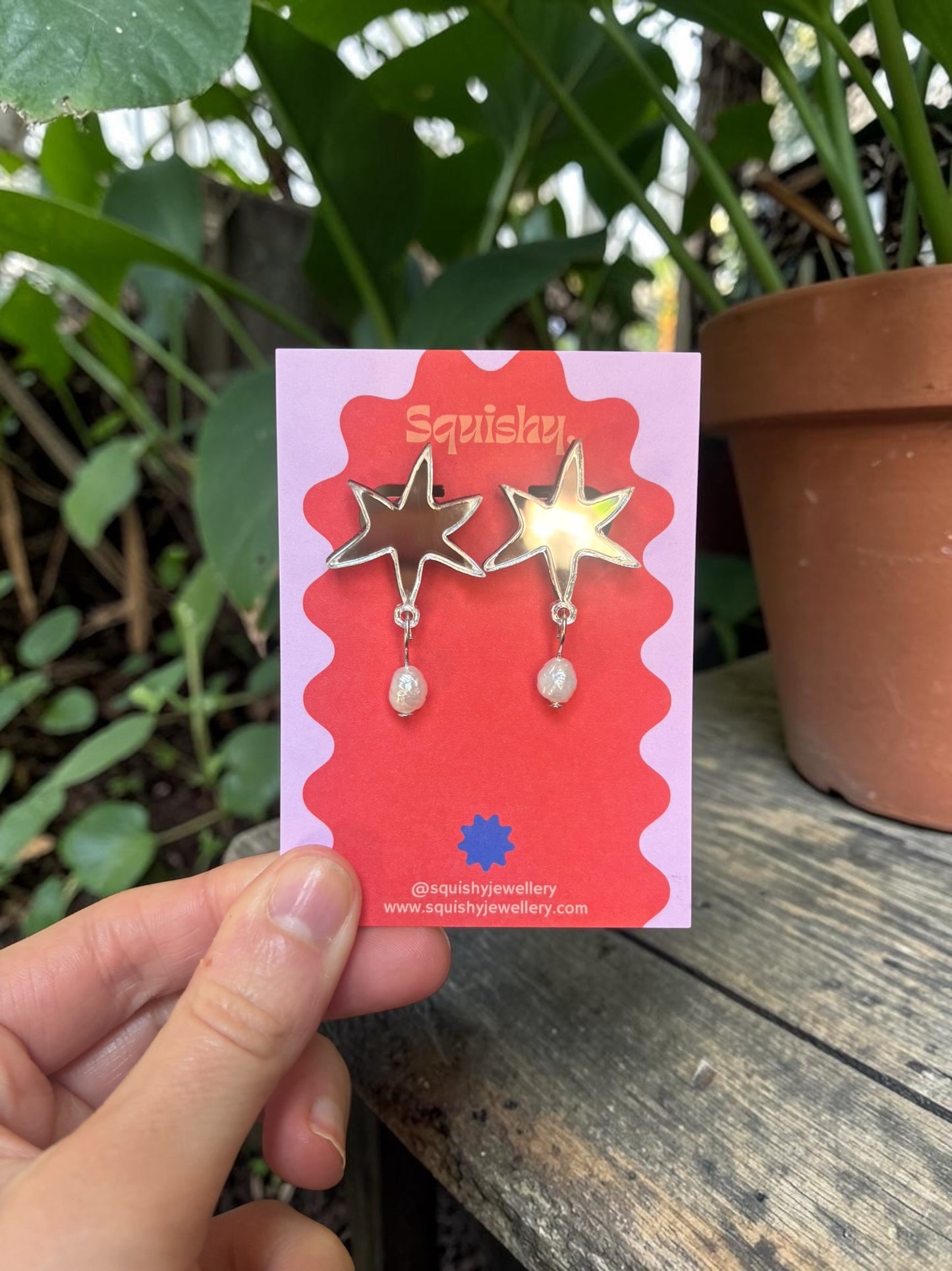 Silver Mirror Abstract Star Pearl Earrings – Modern Art Statement Jewellery