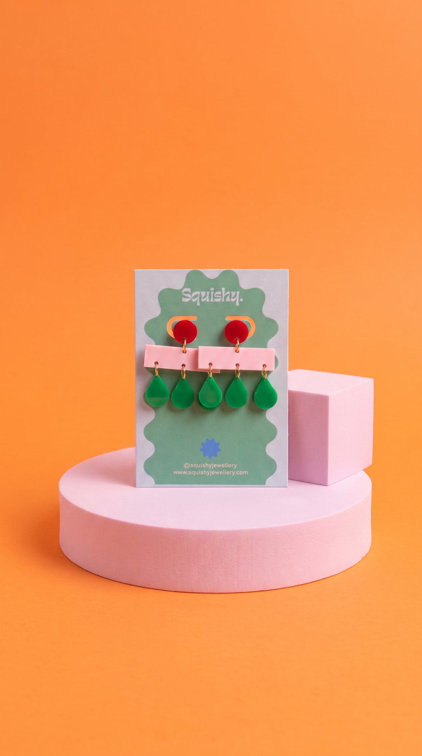 Pink, Green & Red Mid Century Modern 'Raindrop' Memphis Layered Acrylic Women's Earrings.