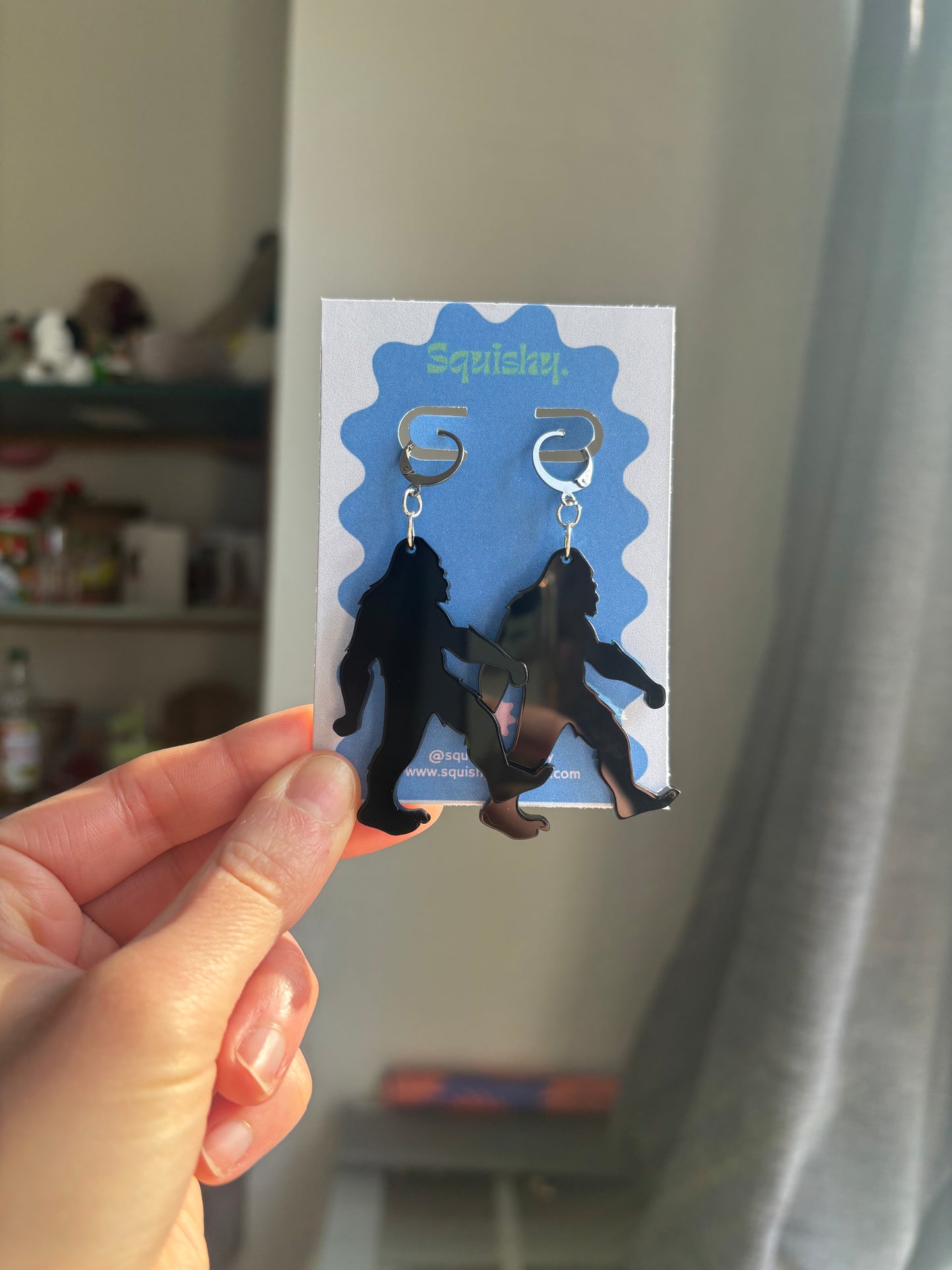 Bigfoot Earrings – Black Acrylic Sasquatch Dangle Earrings on Silver Huggie Hoops