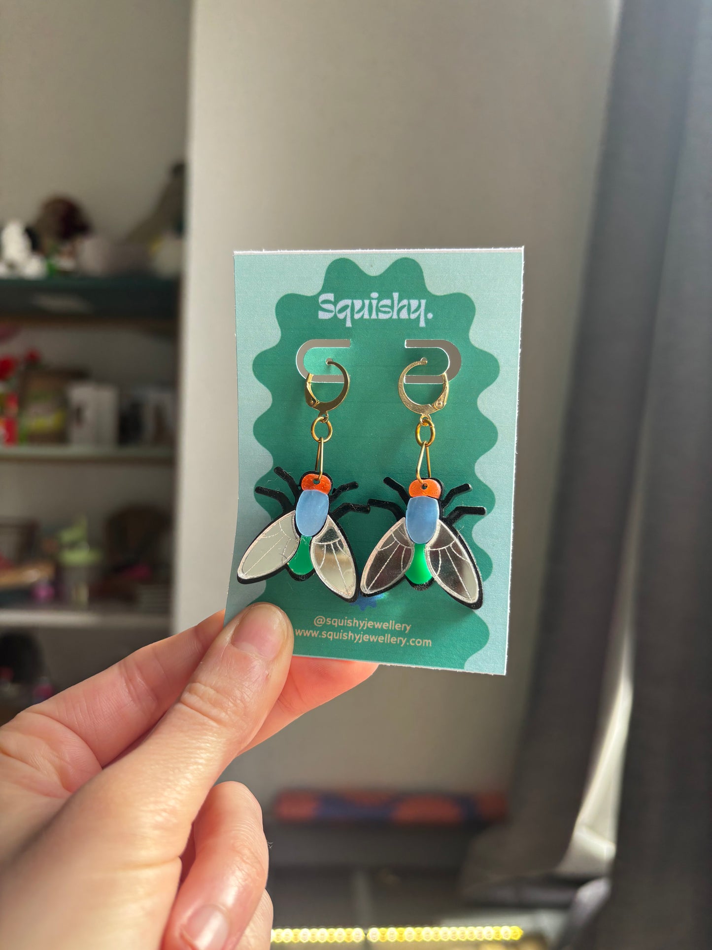 Multicolor Silver Acrylic Fly Earrings: Whimsigoth Bug Statement Huggie Hoops Gifts for Nerds Medium Size