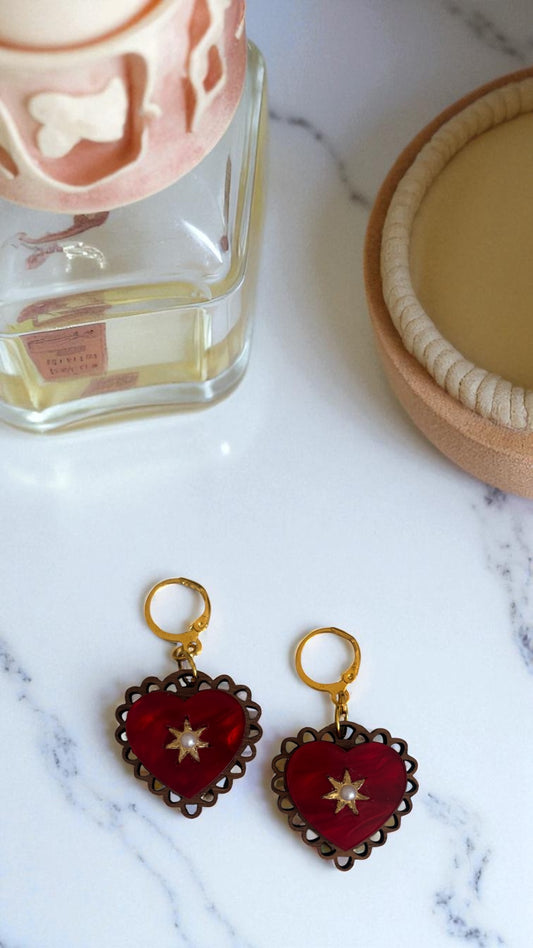 Rococo Red Heart Earrings with Walnut Backing & Gold Star Detail – Acrylic Hoop Jewellery