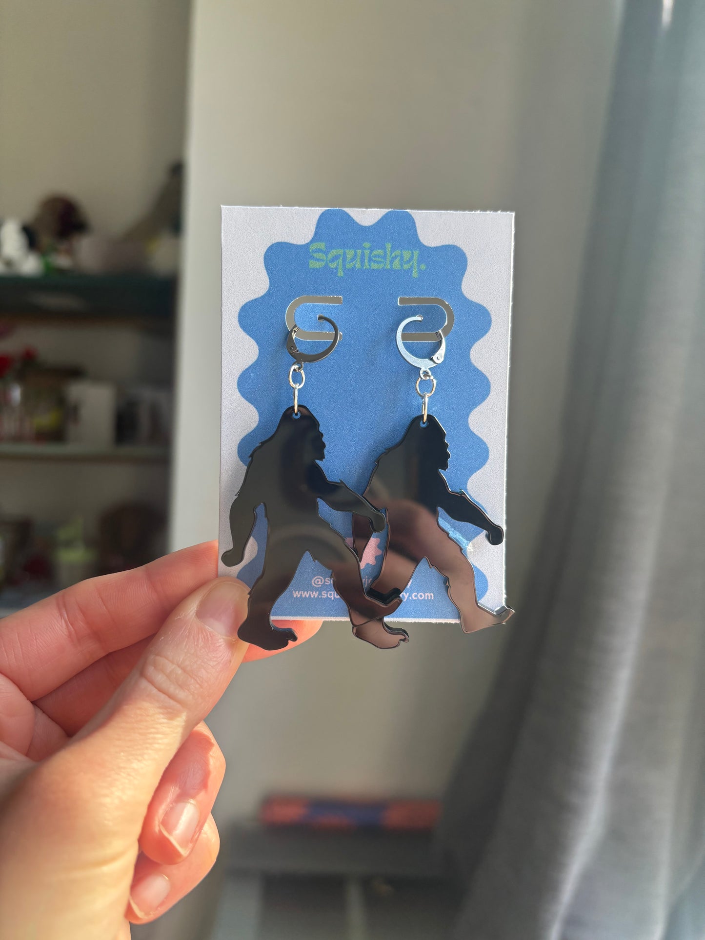 Bigfoot Earrings – Black Acrylic Sasquatch Dangle Earrings on Silver Huggie Hoops