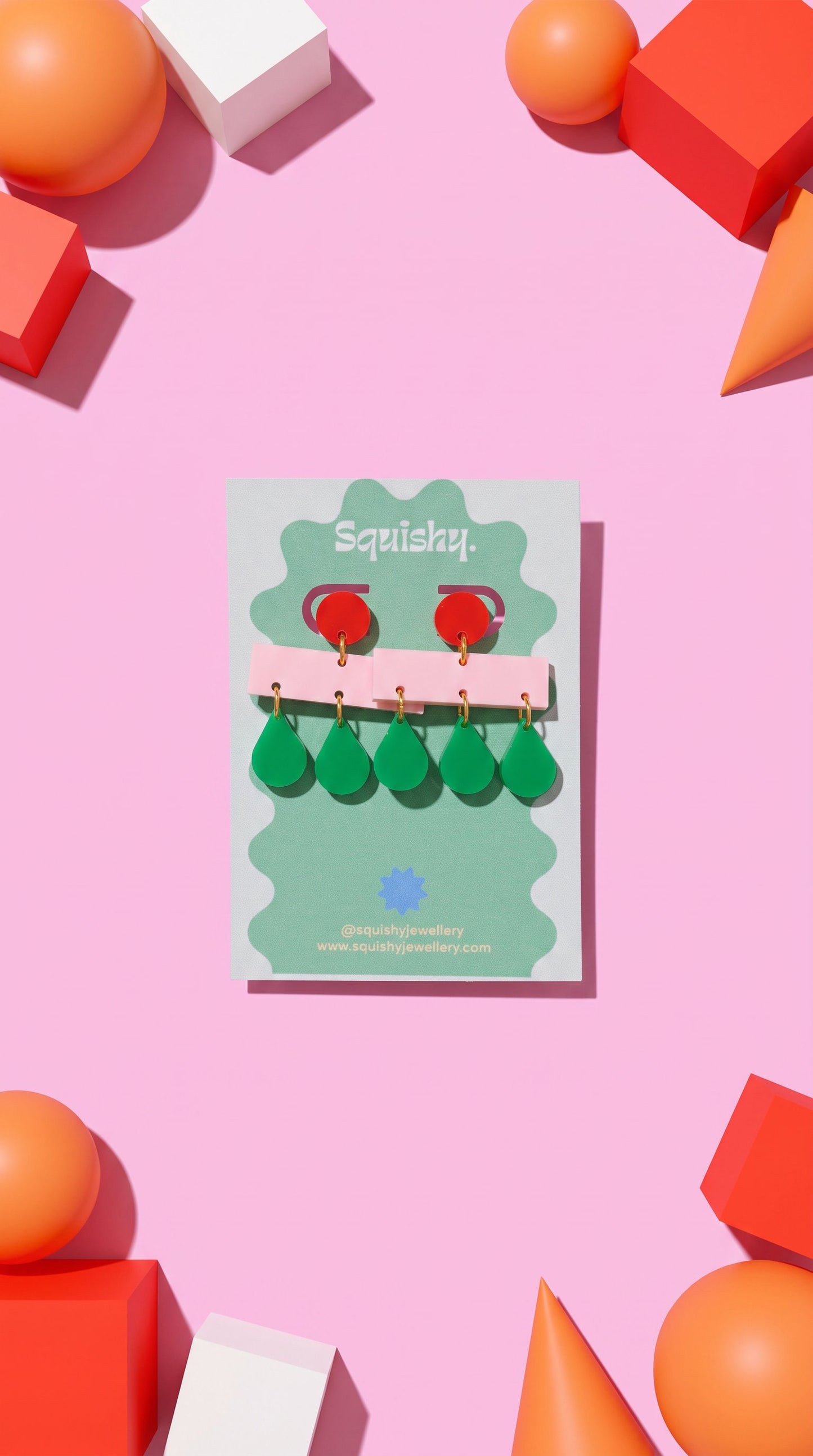 Pink, Green & Red Mid Century Modern 'Raindrop' Memphis Layered Acrylic Women's Earrings.