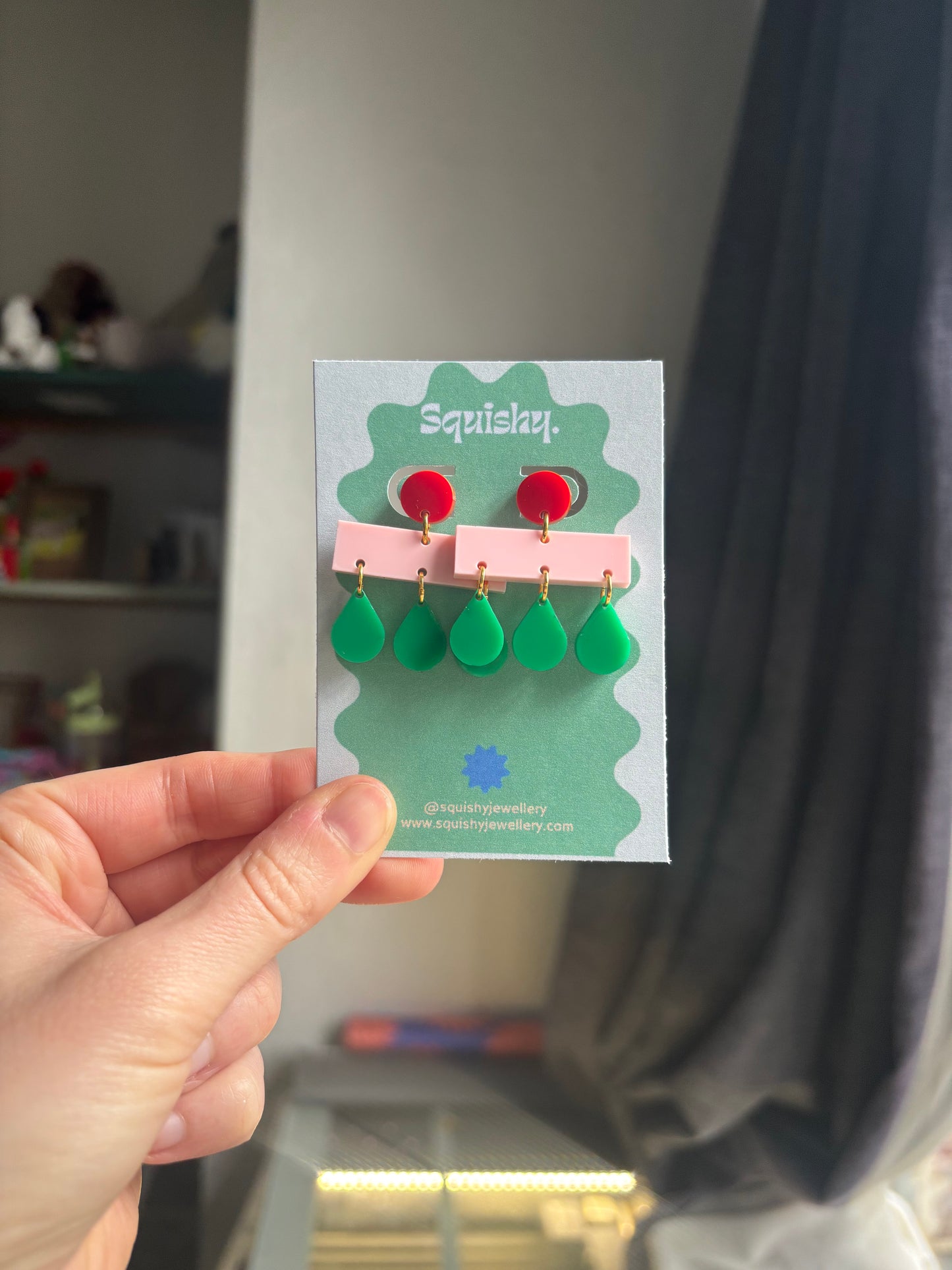 Pink, Green & Red Mid Century Modern 'Raindrop' Memphis Layered Acrylic Women's Earrings.