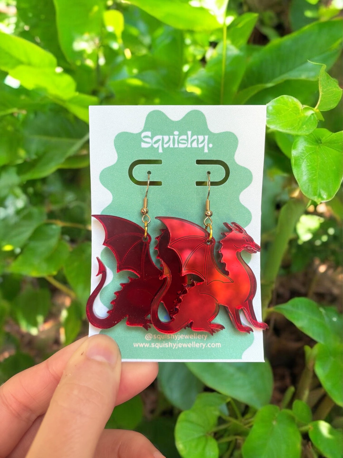 Dragon Earrings – Welsh Inspired Gothic Alt Jewellery, Acrylic Statement Earrings (Red & Green)