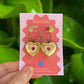Pink, Gold and Red Heart Hoop Earrings – Acrylic Statement Maximalism Cottagecore Kawaii Celestial Alt Gift Jewellery Red Centre