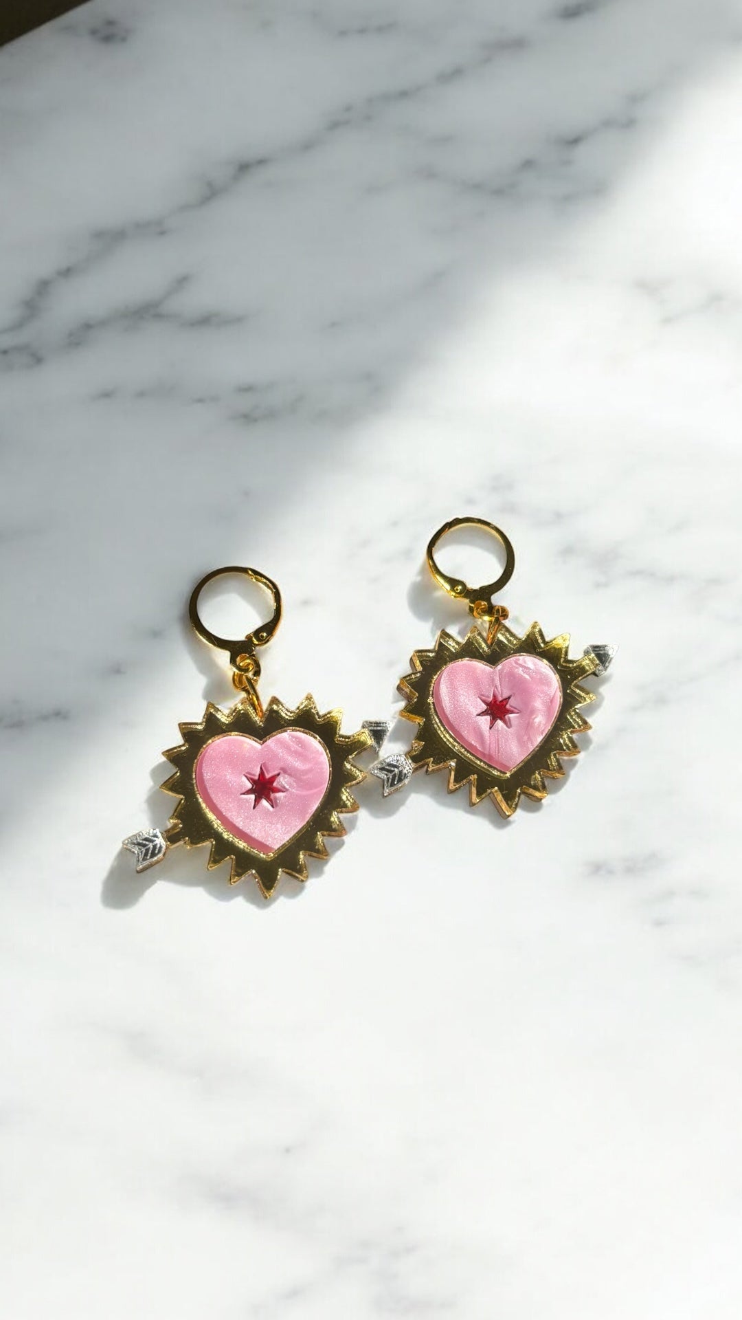 Pink Sacred Heart Earrings – Gold-Plated Huggie Hoops with Arrow Detail