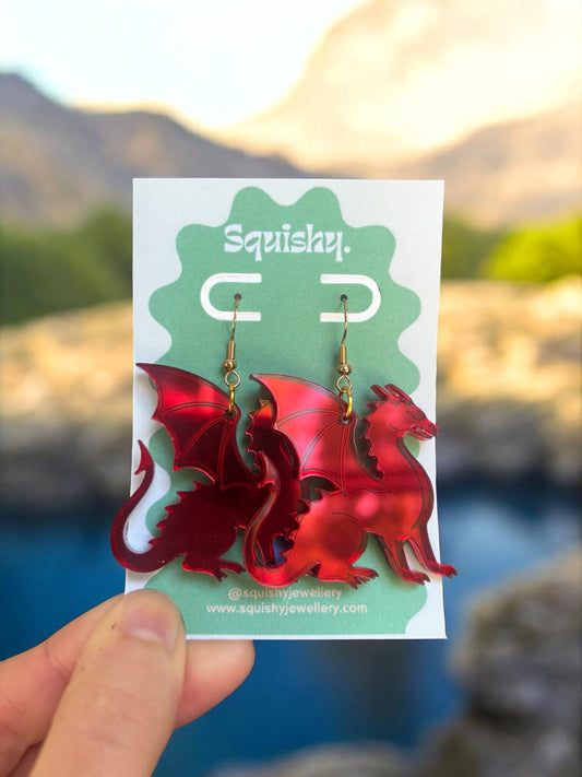 Dragon Earrings – Welsh Inspired Gothic Alt Jewellery, Acrylic Statement Earrings (Red & Green)