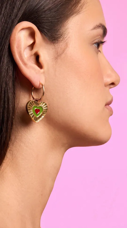 Green, Gold + Red Heart Hoop Earrings – Acrylic Statement Maximalism Cottagecore Kawaii Celestial Alt Gift Jewellery w/ Red Centre