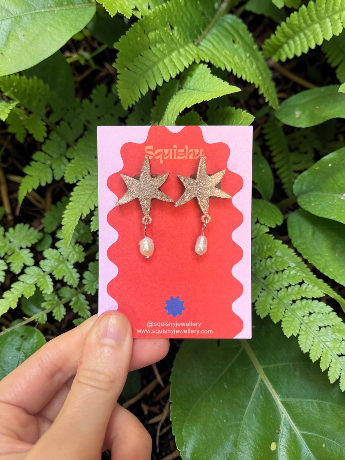 Silver Glitter Abstract Star Pearl Earrings – Modern Art Statement Jewellery