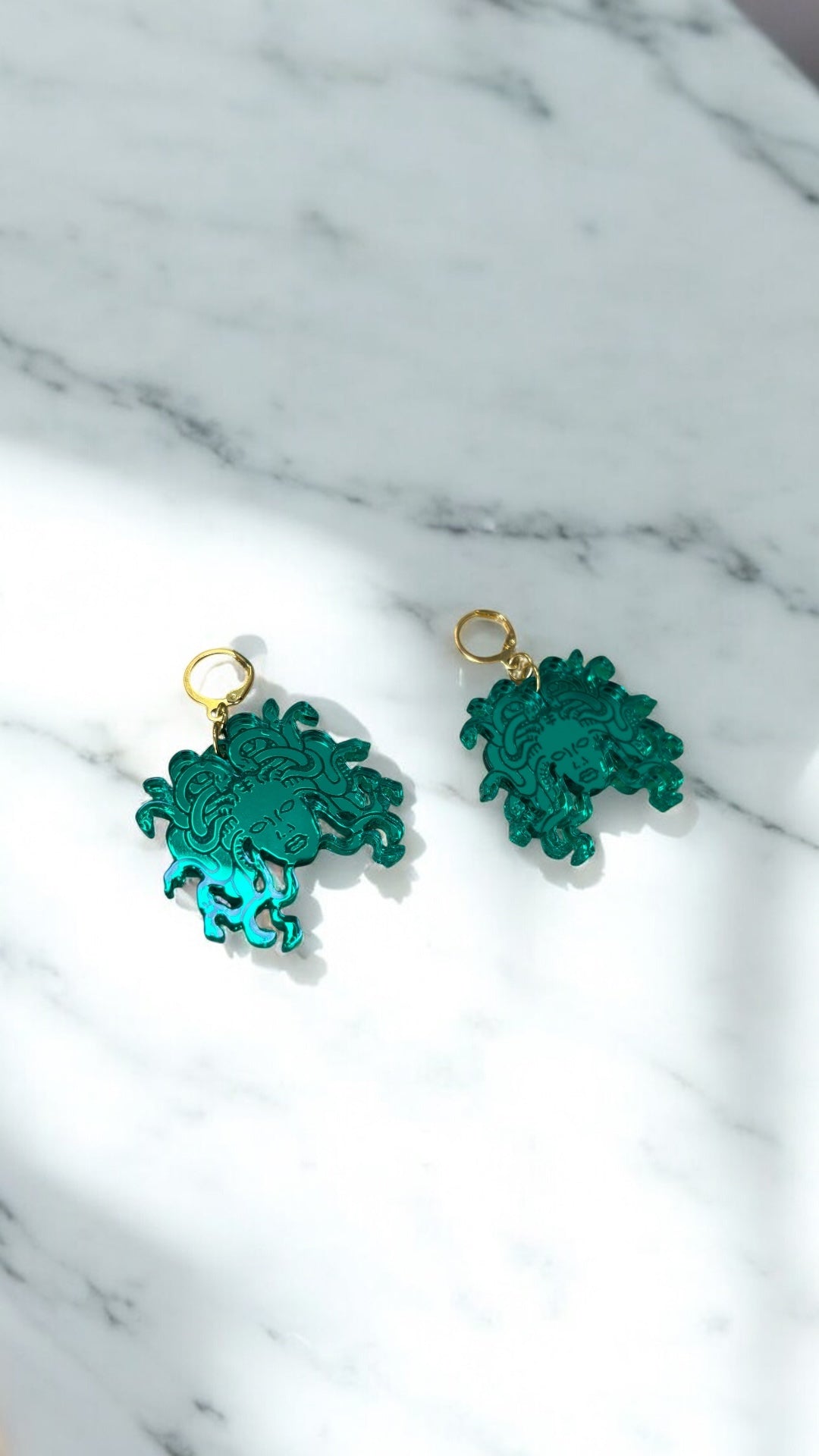 Green Medusa Earrings Mirrored Acrylic Medusa Head Hoops Mythic Statement Jewellery Goth Alt Fashion Ancient Greece, Classics Witchy Costume