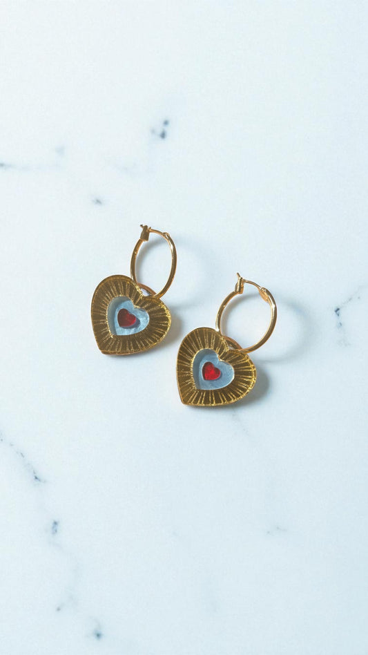 Blue, Gold and Red Heart Hoop Earrings – Acrylic Statement Dopamine Maximalism Cottagecore Kawaii Celestial Alt Gift Jewellery Red Centre