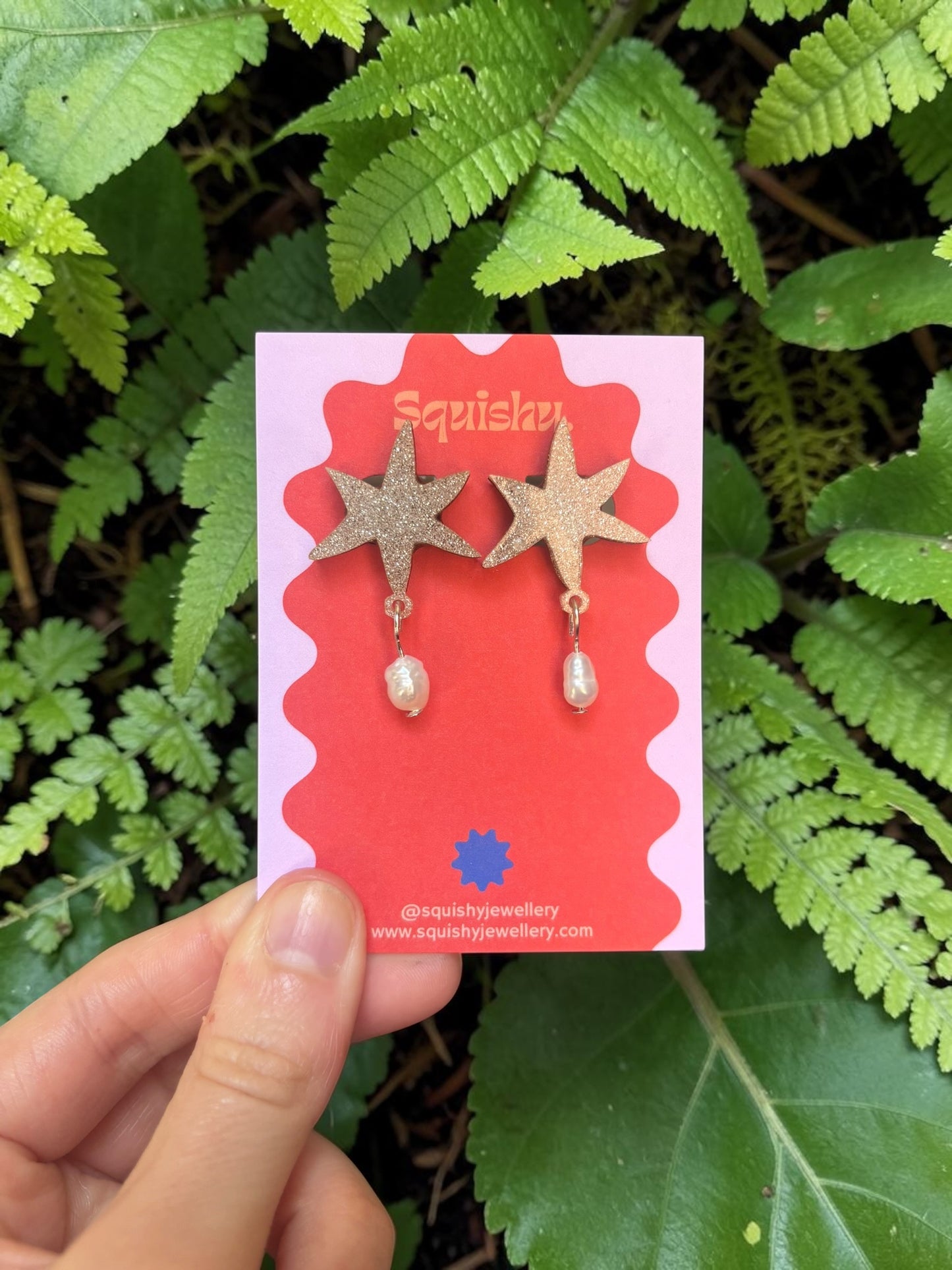 Silver Glitter Abstract Star Pearl Earrings – Modern Art Statement Jewellery